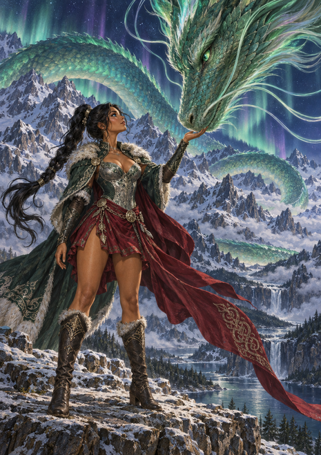 Northern witch in silver armour and a red-green cloak meeting a huge emerald serpent above snowy mountains and a lake.