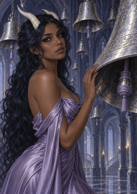 Duchess Nevra in a lilac gown with ivory horns beside engraved silver bells in a violet vaulted hall.
