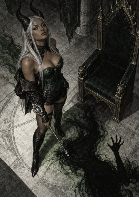 Silver-haired Duchess Zelvia in emerald and black beside an empty ornate chair and a shadow raising its own hand.