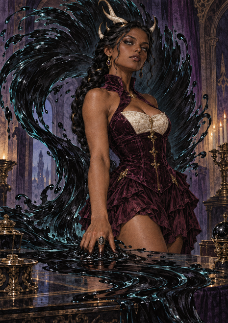 Horned Duchess Vesper in plum and ivory touching glossy ink beneath a curling black wave in a candlelit chamber.