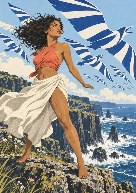 Siren in coral and ivory on a flower-covered sea cliff beneath a flock of blue-and-cream sound birds.