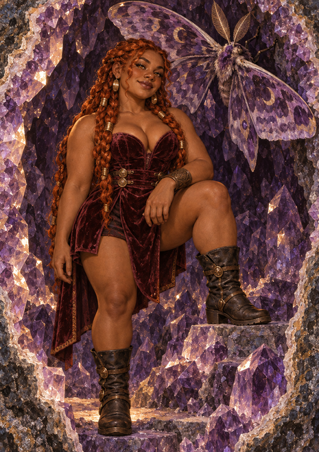 Copper-braided dwarf woman in garnet and brass beside a giant violet moth among amethyst crystals.