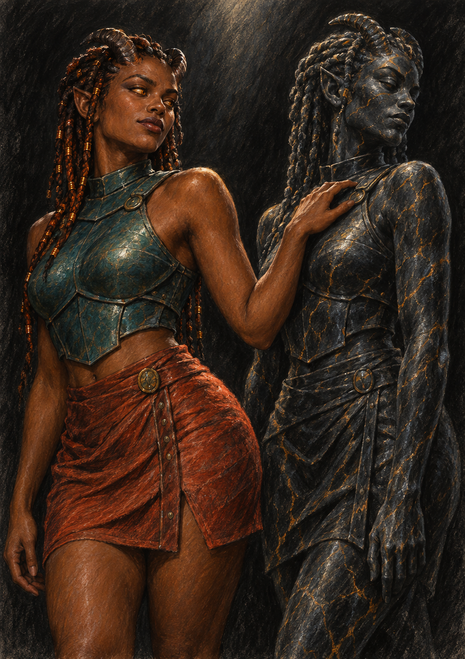 Horned woman in teal and rust touching a dark marble sculpture of herself marked with golden seams.