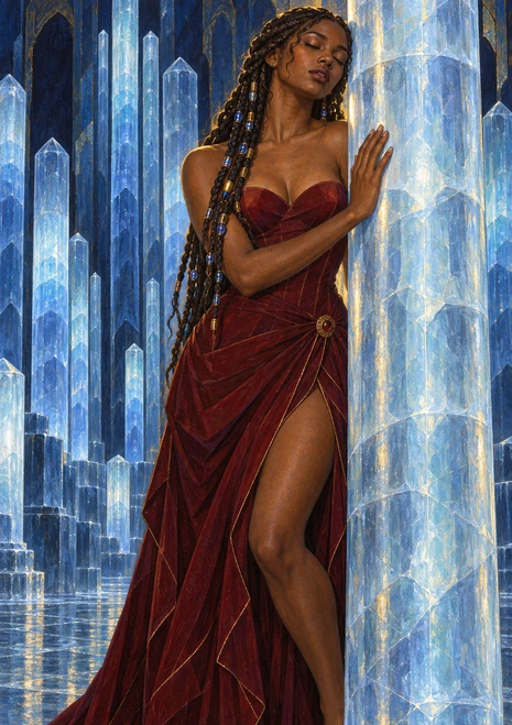 Braided witch in a wine-red gown with gold trim resting a hand against a blue ice column in a glacial hall.