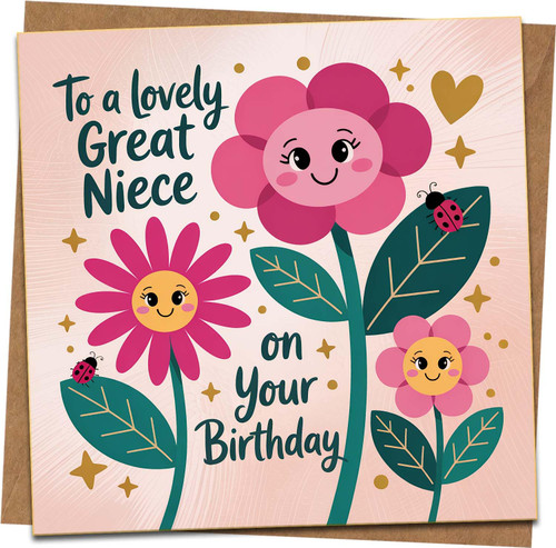 Great Niece Birthday Card - To a Lovely Great Niece, Cute Floral & Ladybird Design, 145mm x 145mm Square Greeting Card with Kraft Envelope