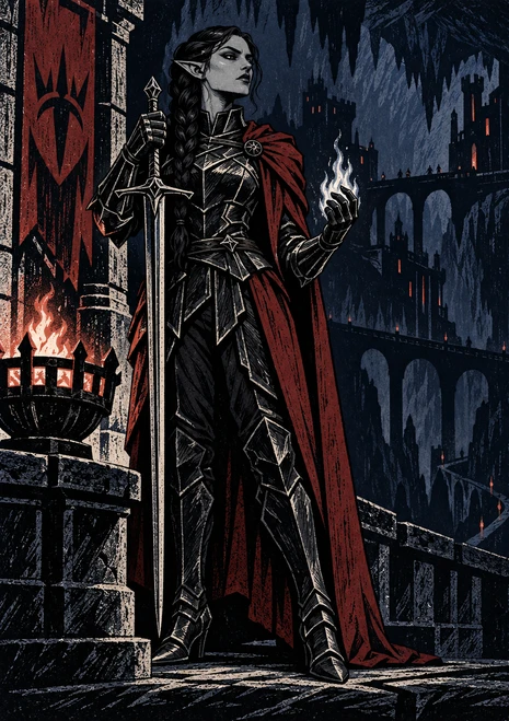 Silver-grey dark elf in black armour and a wine-red cloak holding a sword and pale flame beside a brazier in a cavern fortress.