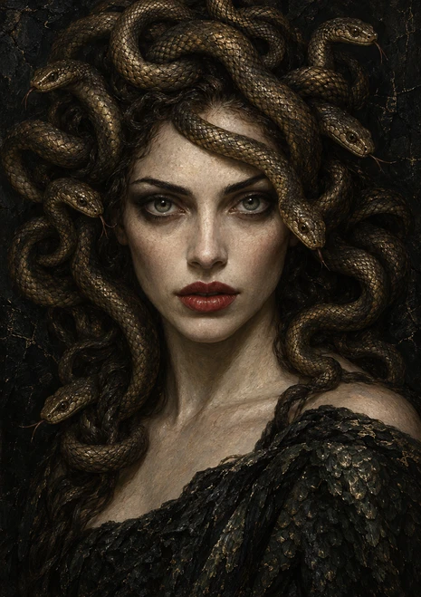 Green-eyed woman with red lips and a dense crown of bronze snakes against a dark painted background.