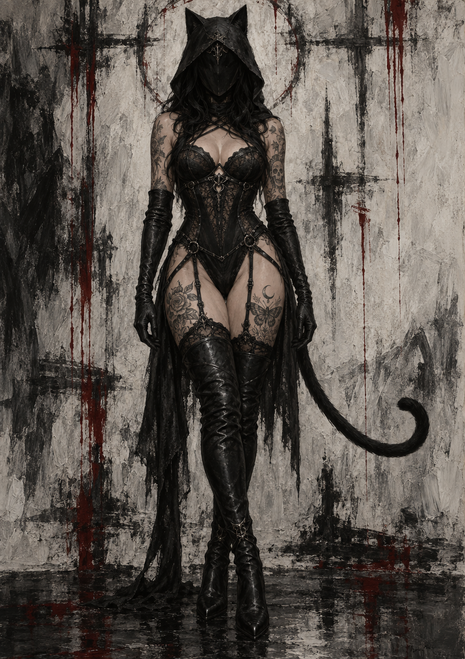 Full-length woman in a cat-eared hood, black lingerie-style outfit, gloves, thigh-high boots and curved tail against a distressed wall.