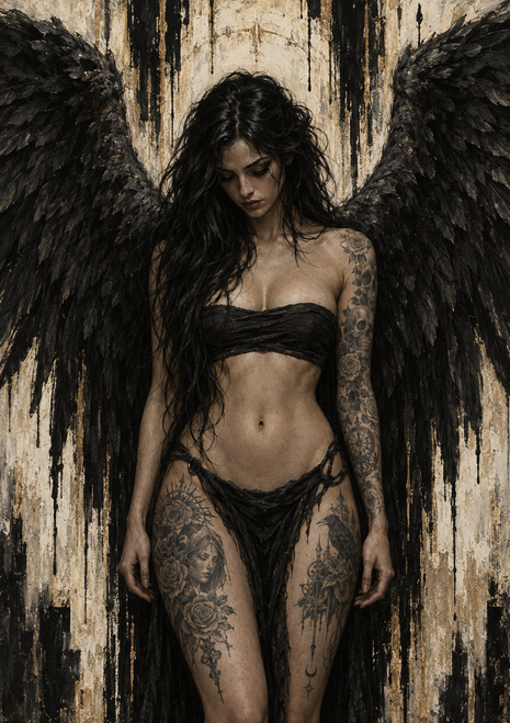 Dark-haired woman with her head bowed, tattoo-like body art, and large black feathered wings against a distressed pale wall.