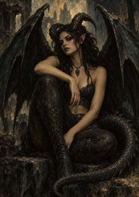 Lilith depicted as a seated, horned woman with pointed ears, broad black wings, a pendant and a scaled tail curling across the foreground.