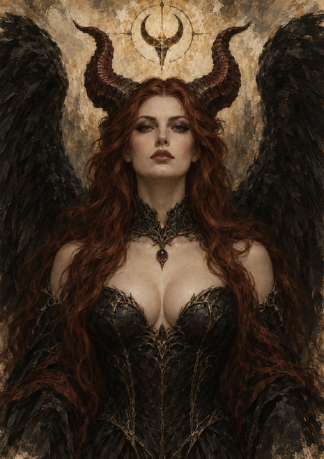 Centered auburn-haired woman with curved horns and dark feathered wings, wearing ornate dark clothing beneath a circular emblem.