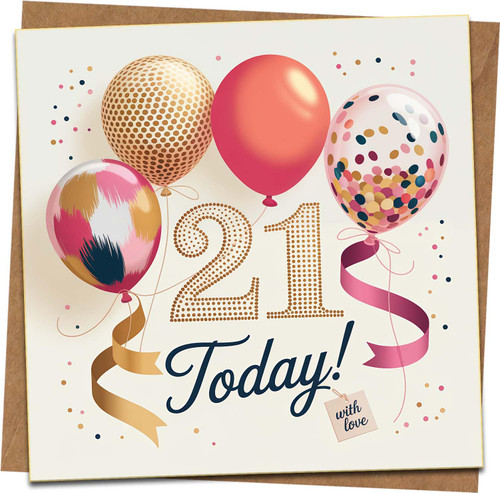 21st Birthday Card - Balloons & Confetti Design, 145mm x 145mm Square Greeting Card with Kraft Envelope, Blank Inside, 21 Today Celebration Card for Him or Her