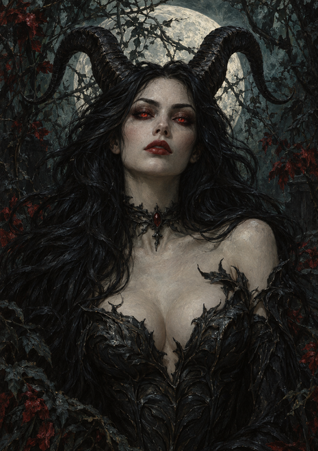 Horned woman with glowing red eyes and long dark hair against a full moon, wearing dark feather- or leaf-like clothing and a pendant.
