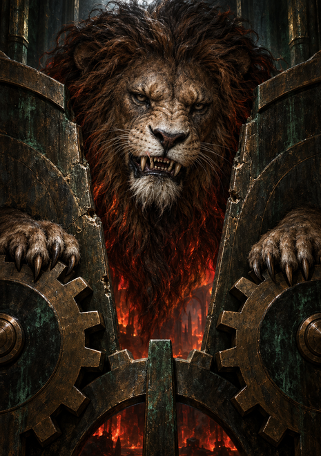 Snarling lion framed by weathered metal panels and large gears, with a fiery red-orange glow below.
