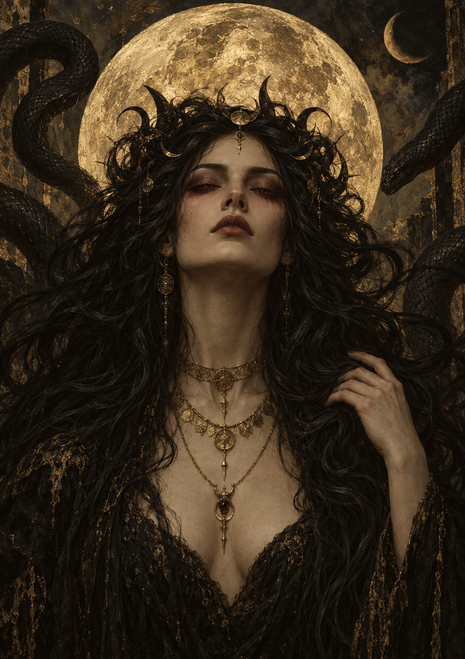 Dark-haired woman wearing layered gold necklaces before a large full moon, framed by shadowy serpentine coils.