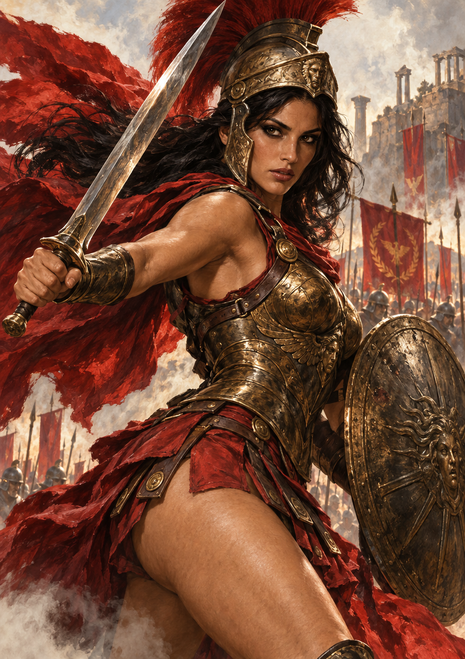 Armored woman with a red-plumed helmet thrusting a sword and carrying a shield in a smoky battlefield.