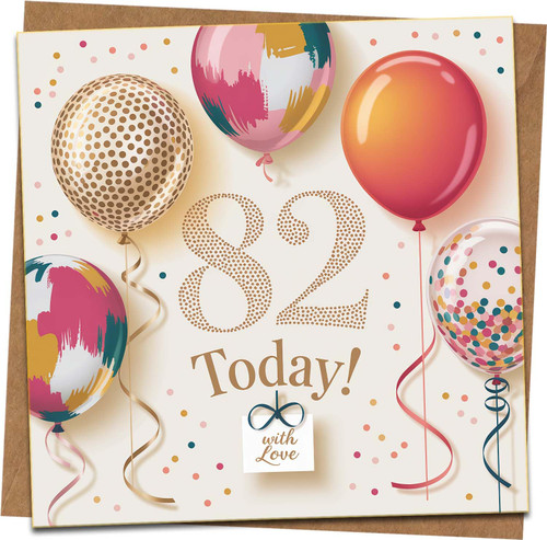 82nd Birthday Card 145mm x 145mm Square Balloons Design, With Love, Includes Kraft Envelope – Happy 82 Today Greeting for Men or Women