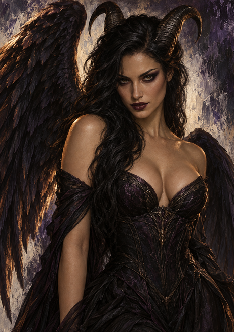 Dark-haired horned woman with broad black feathered wings and a fitted dark bodice against a pale gray-violet background.