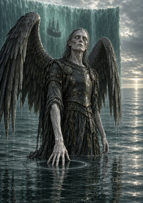 A pale winged figure stands in reflective water before a broad waterfall-like curtain, with a small ship in the distance.