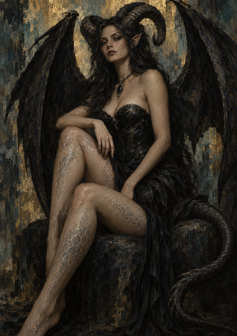 Horned Lilith seated with curled ram-like horns, pointed ears, black feathered wings, patterned pale legs and a tail curling at lower right.