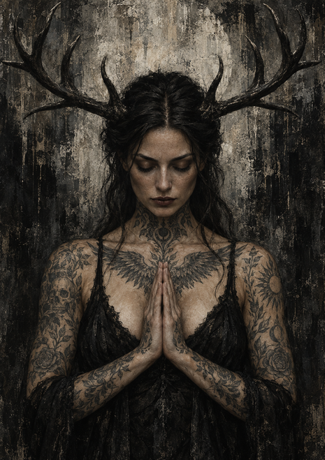 Antlered dark-haired woman with closed eyes and hands pressed together, surrounded by a rough charcoal-and-cream background.