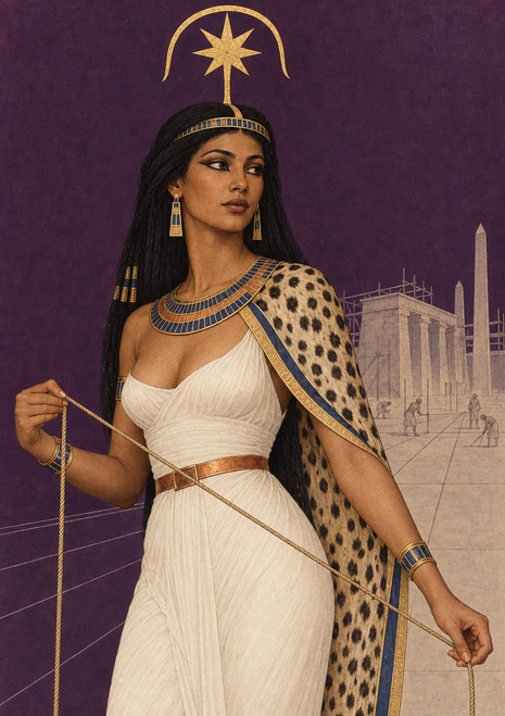 Seshat depicted in a white dress, blue-and-gold collar, and spotted cape, holding a measuring cord beside a pale architectural scene with obelisks.