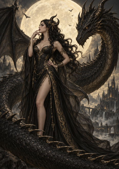 A woman in a black-and-gold gown stands beside a coiling horned dragon beneath a full moon.