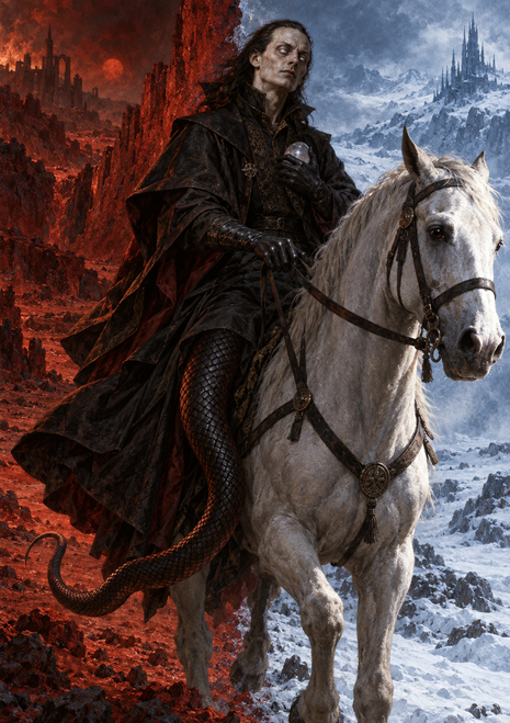 Long-haired dark-clad rider with a curling serpentine tail on a white horse in a split red and snowy blue landscape.