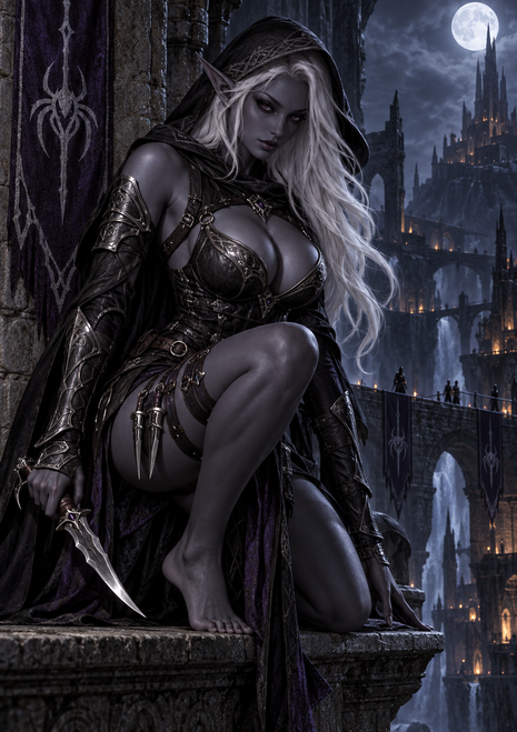 White-haired, pointed-eared woman in a hooded dark cloak and armor crouches with a short blade above a moonlit gothic city.
