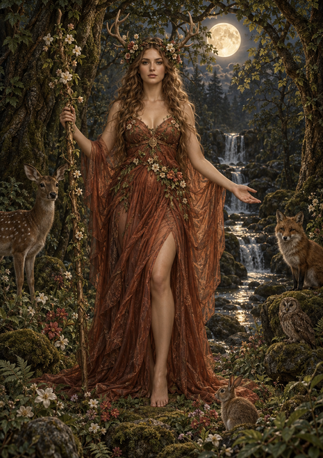 Woman in a rust-red floral gown holding a flowering branch in a moonlit forest with a waterfall, stream, deer, fox, owl, and rabbit.