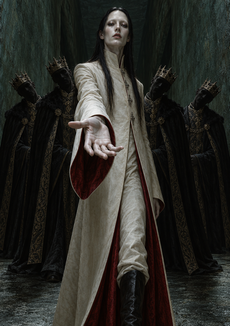 Pale, long-haired figure in an ivory robe extends an open hand as dark crowned figures stand behind.