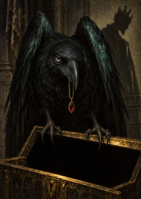 Dark raven perched on an ornate open chest, holding a red jewel as a crown-like shadow falls on the stone wall.