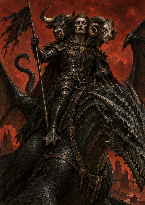 Crowned three-headed armored figure riding a large scaled beast against a smoky red-orange sky.