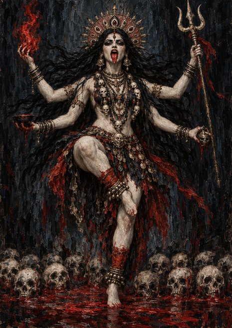Pale four-armed figure with a trident, flame, jewelry, and skull garland above red water lined with skulls.