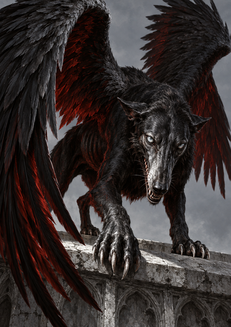 Black winged wolf-like creature with pale eyes, bared teeth, and large claws crouched on a stone parapet.