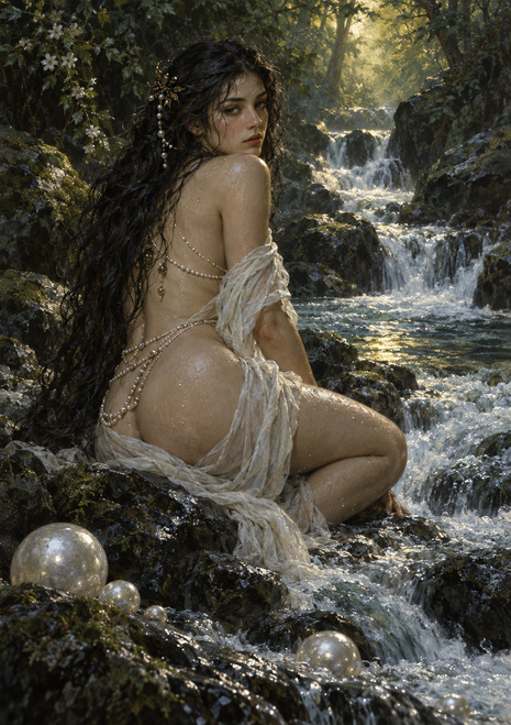 Partially draped long-haired woman wearing pearl strands sits among rocks beside a forest stream, with large pearls in the foreground.