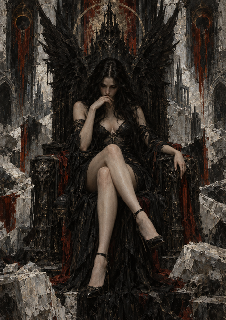 Dark-haired woman sits cross-legged on a black throne as large black wings spread behind her among gothic ruins.