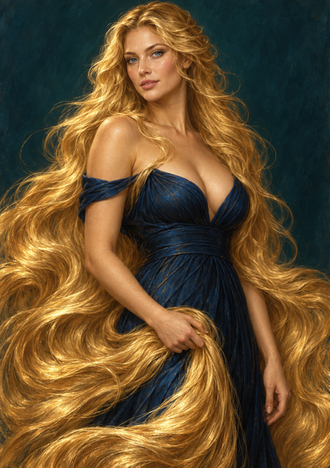 Blonde woman in a navy gown holding a thick sweep of long golden hair against a dark teal background.