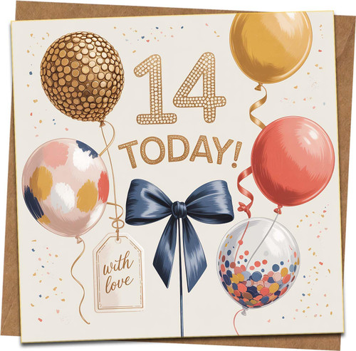 14th Birthday Card – 145mm Square – Balloons & Confetti Design with Blue Bow – '14 Today' – With Love Tag – Premium Greeting Card with Kraft Envelope for Boys or Girls