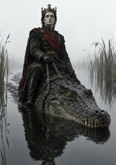 Crowned dark-haired rider in black and red sits astride a large crocodile in shallow, reed-lined marsh water.