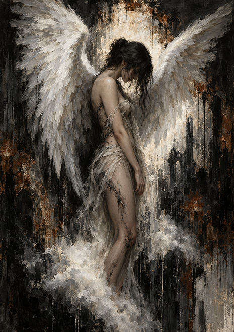 Bowed figure in a pale distressed dress with large white-gray wings amid mist and a dark backdrop.