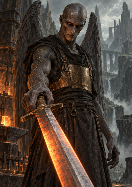Winged gray humanoid in dark robes and bronze armor holding a glowing orange blade before ruined towers and fire.
