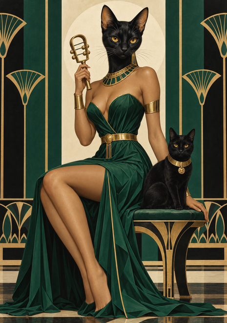 Seated black cat-headed woman in a dark green gown and gold jewelry with a second black cat, framed by green-and-gold panels.