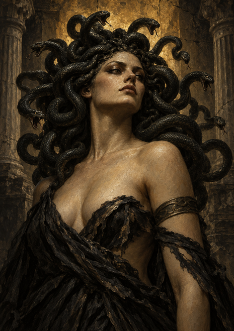 Snake-haired woman in dark drapery and an armband before aged stone columns.