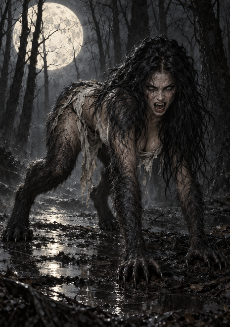 Clawed, fur-covered humanoid crouches on wet ground in a dark forest beneath a bright full moon.