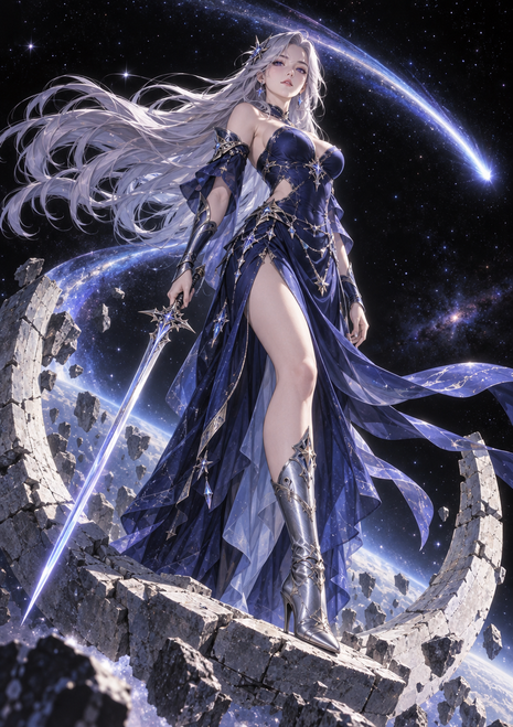 Full-length pale-haired woman warrior in a dark gown and silver armor, holding a sword among broken stone beneath a starry sky.