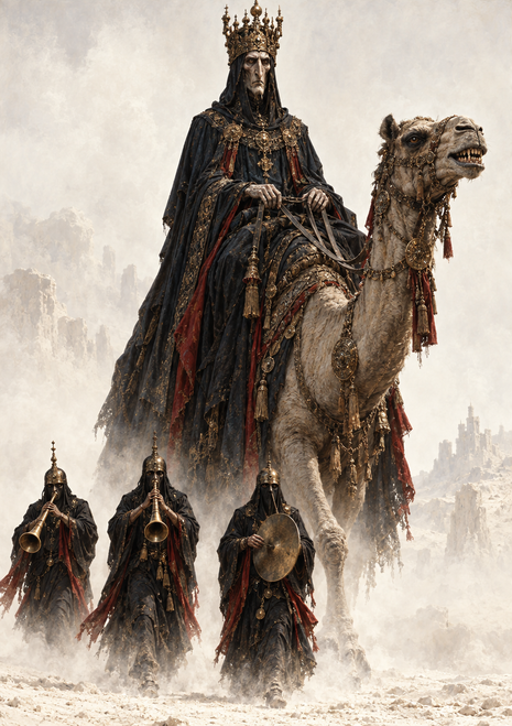 Crowned dark-robed rider on a decorated camel above three robed musicians in a pale, dusty landscape.