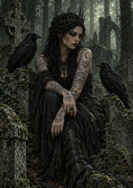 Crowned tattooed woman seated among overgrown grave markers in a forest cemetery, flanked by two black ravens.