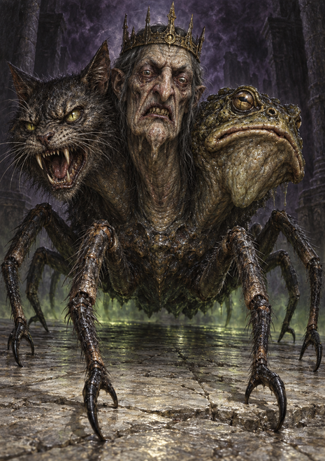 A crowned monster with human-like, cat-like, and toad-like heads stands on spider-like legs in shallow water.