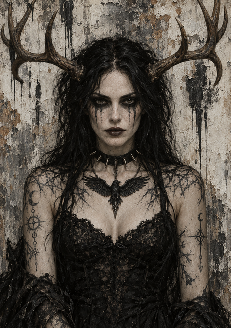 A dark-haired woman with branching antlers, black clothing, and a spiked choker poses against a distressed plaster wall.